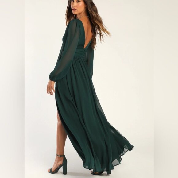 Lulus Enchant My Love Emerald Green V-Neck Long Sleeve Maxi Dress size medium - Picture 2 of 2